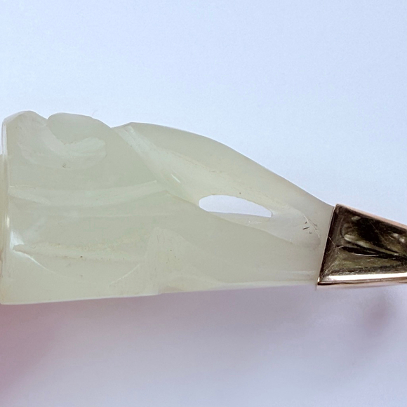 Estate 14K Gold Old Chinese Carved Mutton Fat White Jade Nephrite 3.2" Pendant - Picture 8 of 12